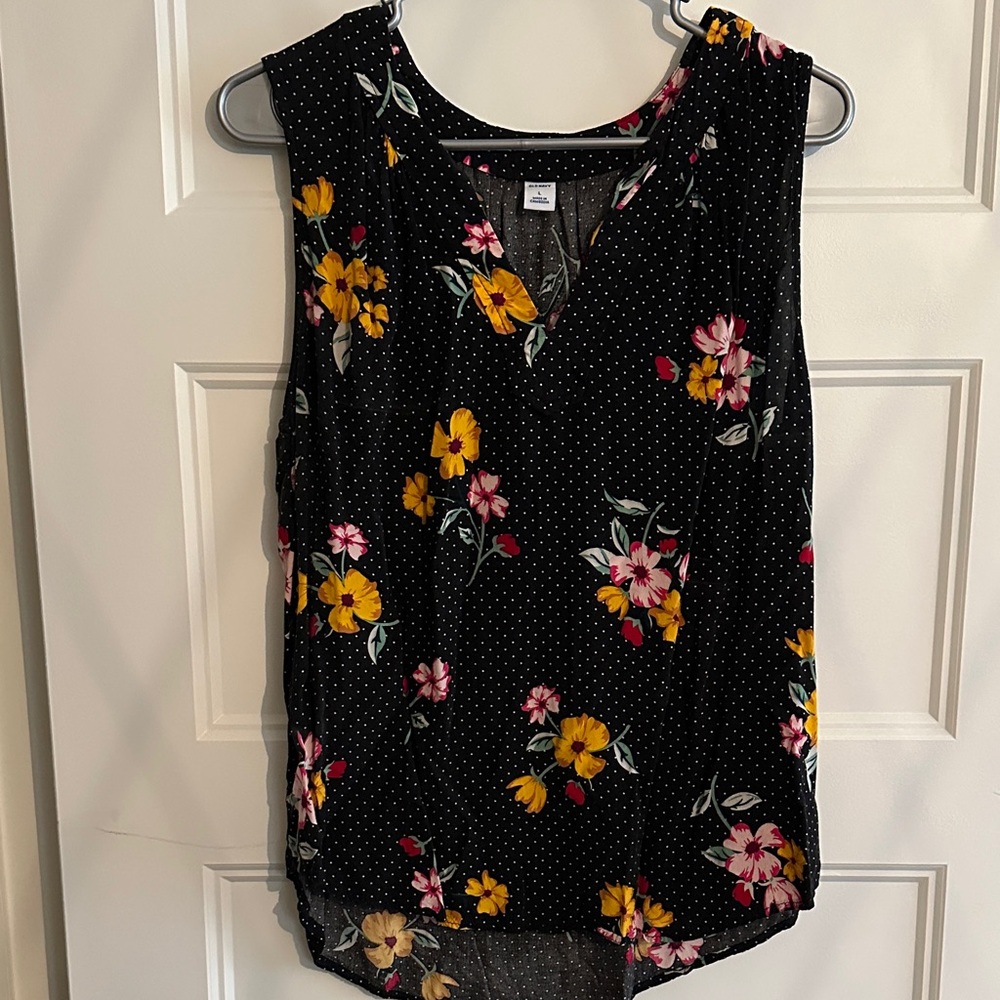 Floral Sleeveless Women's Top - Black with Polka Dots + Yellow and Pink Flowers